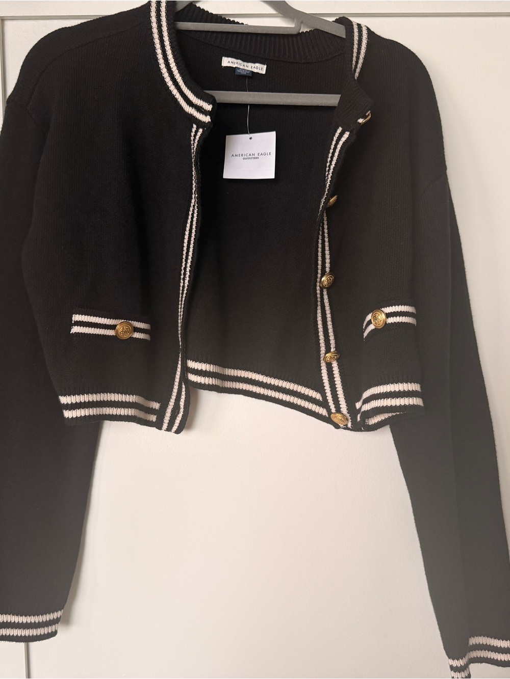 American Eagle Outfitters Black Cropped Cardigan with Cream Trim & Gold Buttons